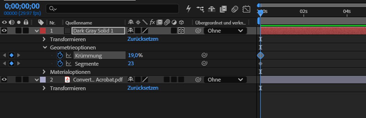 Geometrieoptionen für eine Filmmaterialebene zeigen die mit Keyframes versehenen Eigenschaften „Krümmung“ und „Segmente“ in der Timeline an.