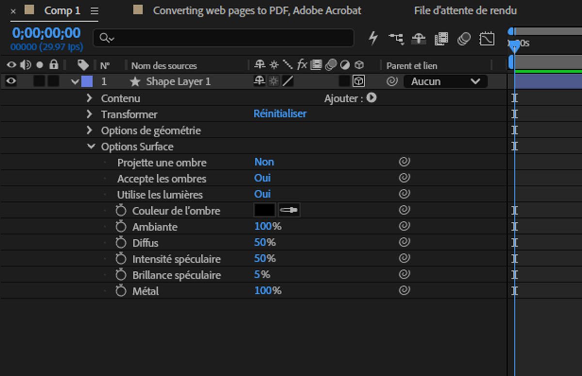 Options de matériel pour un calque de forme affichant les propriétés Ambient, Diffuse, Specular et Metal.