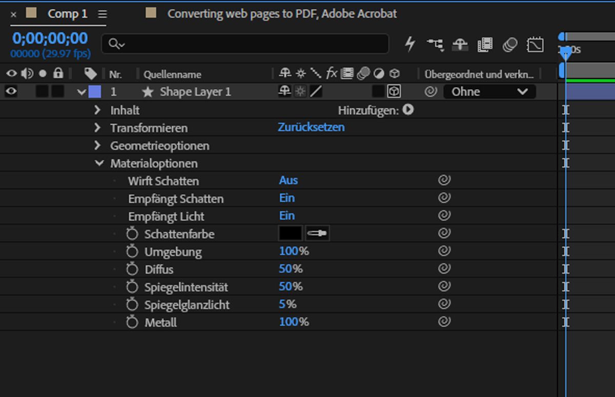 Materialoptionen für eine Formebene zeigen die Eigenschaften „Umgebung“, „Diffus“, „Spiegelnd“ und „Metall“.