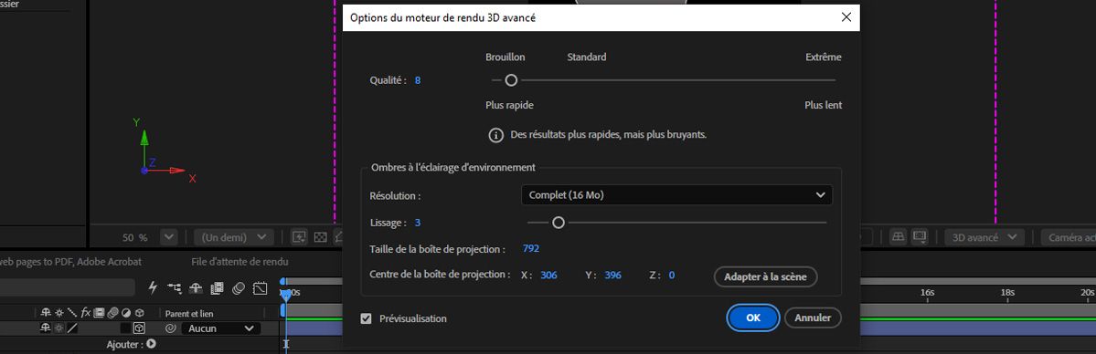 Boîte de dialogue Options de rendu Advanced 3D affichant la qualité définie sur 8 et les paramètres d'ombres d'éclairage d'environnement incluant la résolution et le lissage.
