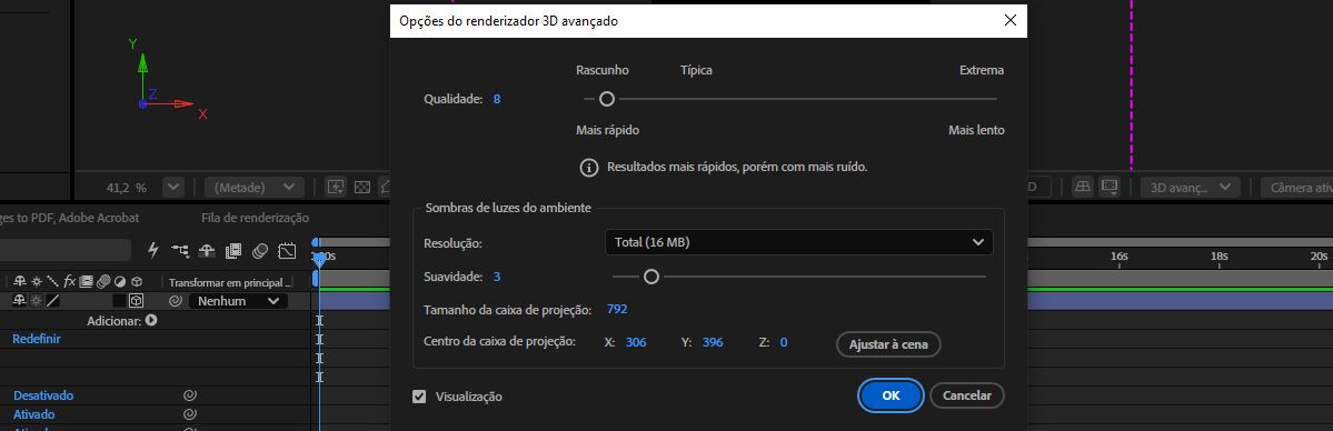 Caixa de diálogo Opções de renderização do Advanced 3D mostrando Qualidade definida como 8 e configurações de sombras da iluminação do ambiente, incluindo Resolução e Suavização.
