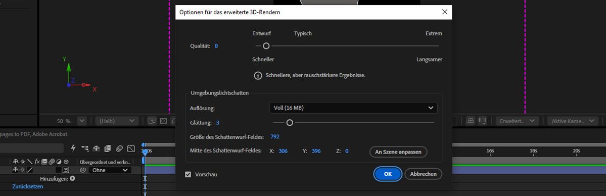 Dialogfeld „Erweiterte 3D-Render-Optionen“ mit Qualität auf 8 festgelegt und Einstellungen für „Umgebungslichtschatten“ einschließlich „Auflösung“ und „Glätten“.