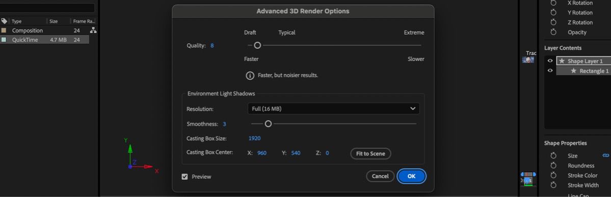Advanced 3D Render Options dialog showing Quality set to 8 and Environment Light Shadows settings including Resolution and Smoothness.