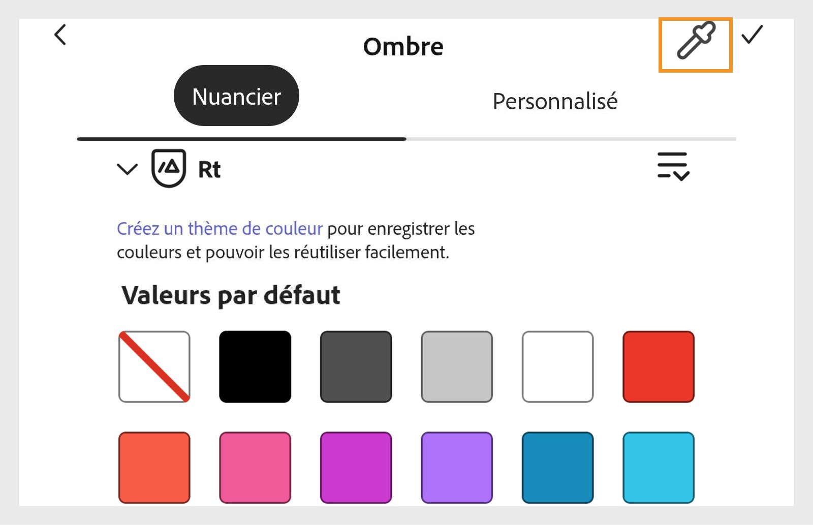 Nuancier pour sélectionner une couleur d'ombre dans Adobe Express, avec l'Outil Pipette mis en surbrillance en haut à droite.
