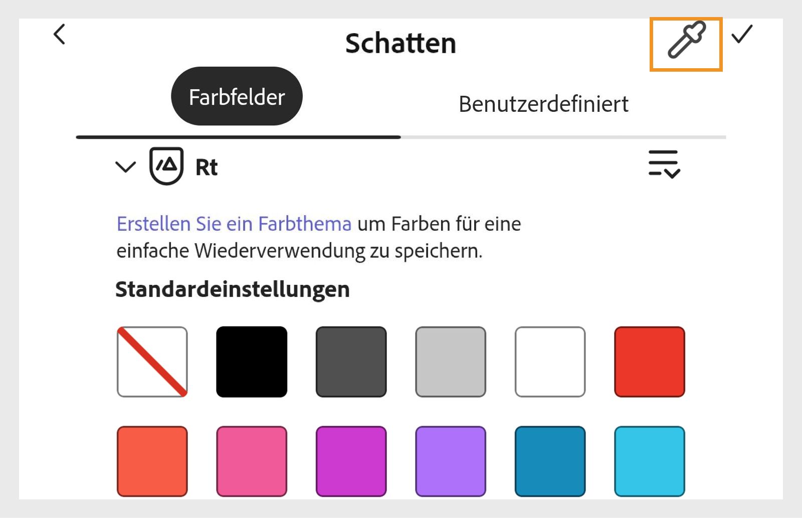 Farbfelder zur Auswahl einer Schattenfarbe in Adobe Express, mit der hervorgehobenen Pipette oben rechts.