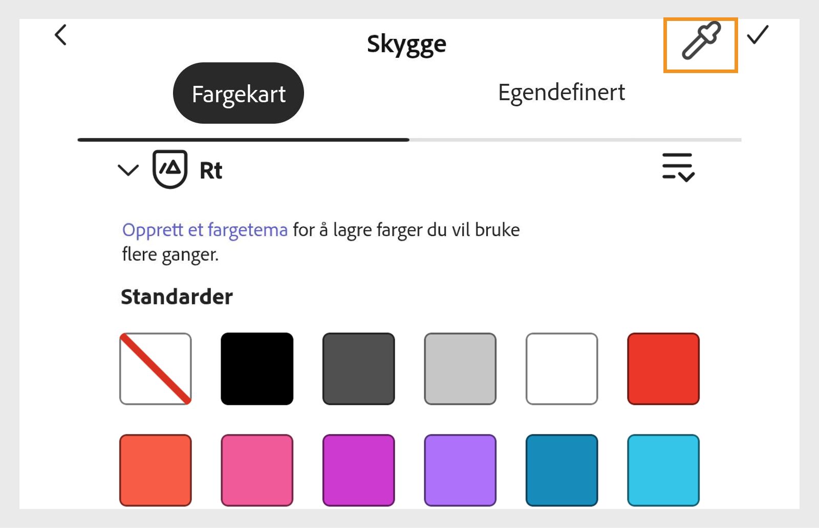 Fargekart for å velge en skyggefarge i Adobe Express, med øyedråpeverktøyet uthevet øverst til høyre.