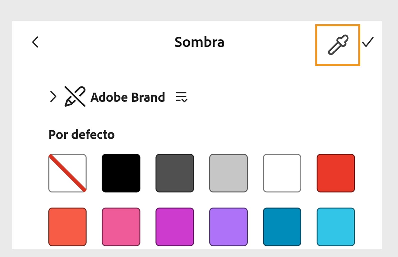 Muestras de color para seleccionar un color de sombra en Adobe Express, con la Herramienta Cuentagotas resaltada en la parte superior derecha.