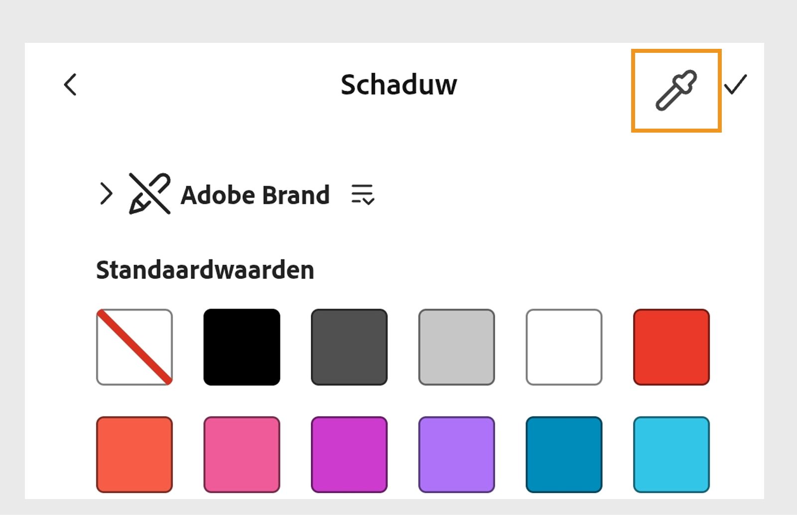 Kleurstalen voor het selecteren van een schaduwkleur in Adobe Express, met de pipet gemarkeerd in de rechterbovenhoek.