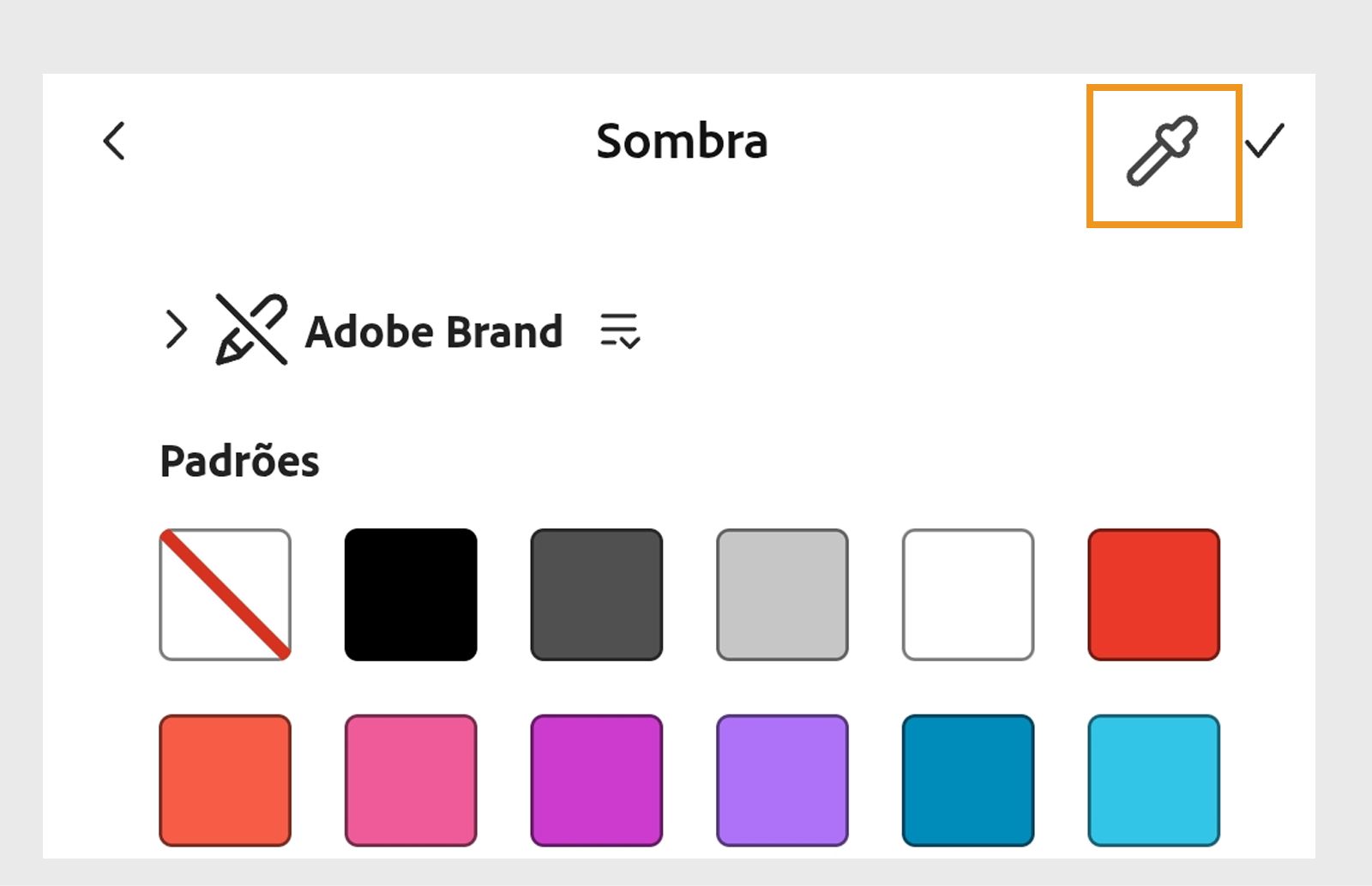 Amostras de cores para selecionar uma cor de sombra no Adobe Express, com a Ferramenta Conta-gotas destacada no canto superior direito.