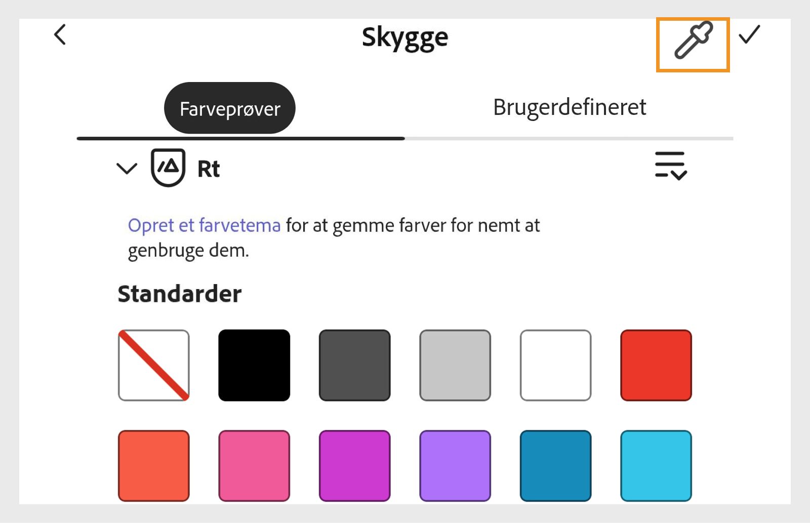 Farveprøver til valg af skyggefarve i Adobe Express, med pipetteværktøjet fremhævet i øverste højre hjørne.