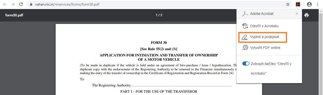 Z nabídky Acrobat vyberte možnost Vyplnit a podepsat
