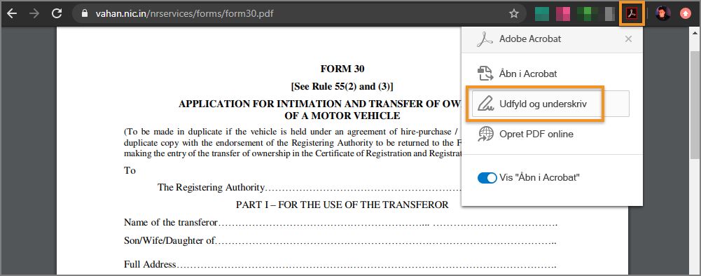 Udfyld og underskriv-mulighed fra Acrobat-menuen