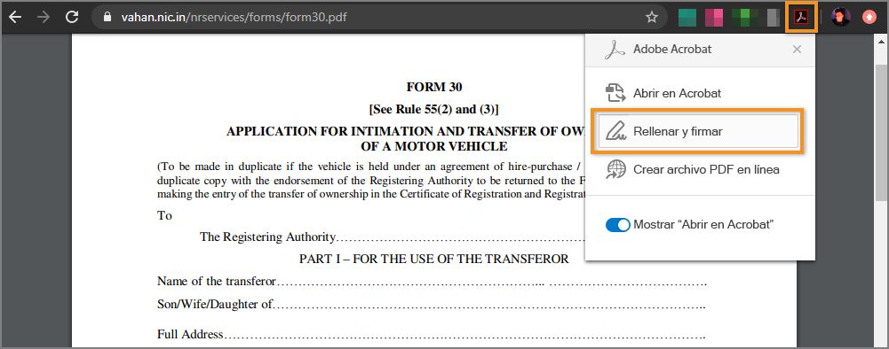 Opción Rellenar y firmar en el menú de Acrobat