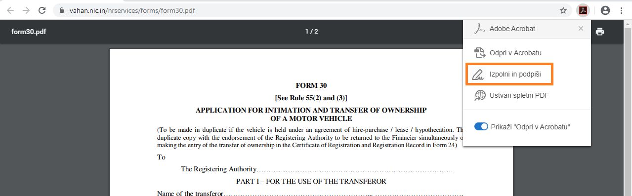Možnost za izpolnjevanje in podpisovanje v meniju Acrobat