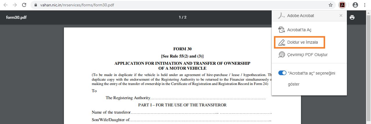 Acrobat menüsünde Doldur ve İmzala seçeneği