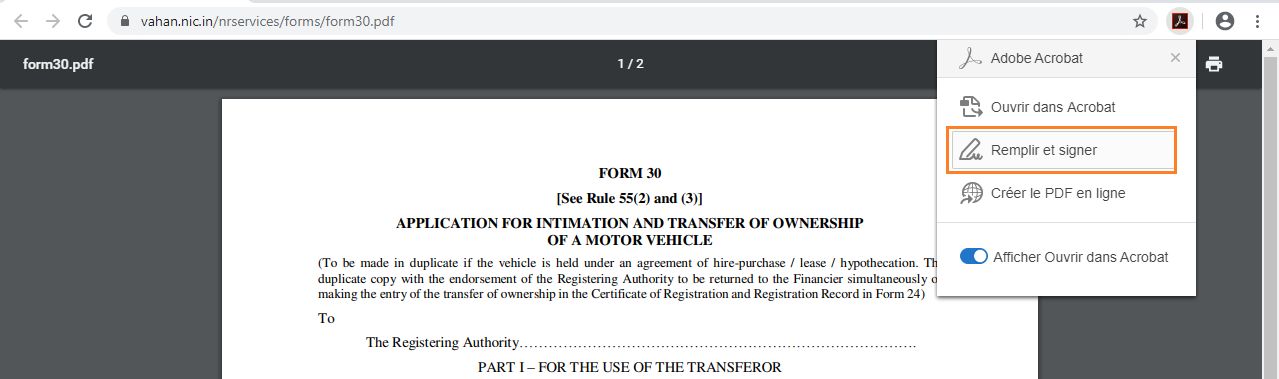 Option Remplir et signer du menu Acrobat
