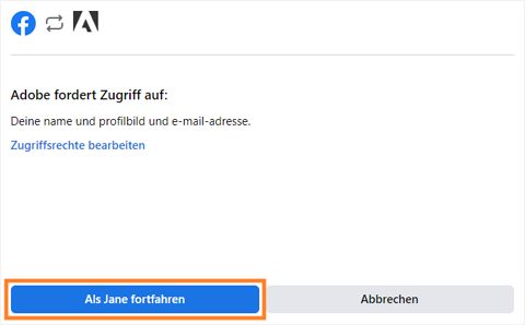 Wähle „Als <dein Name> fortfahren“ in Facebook