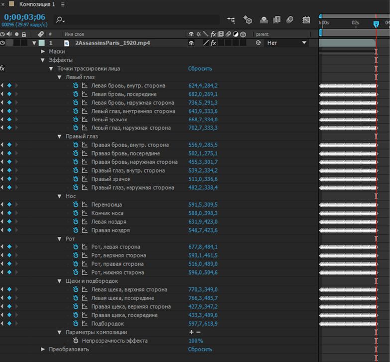 Элементы управления эффектом «Точки трассировки лица»