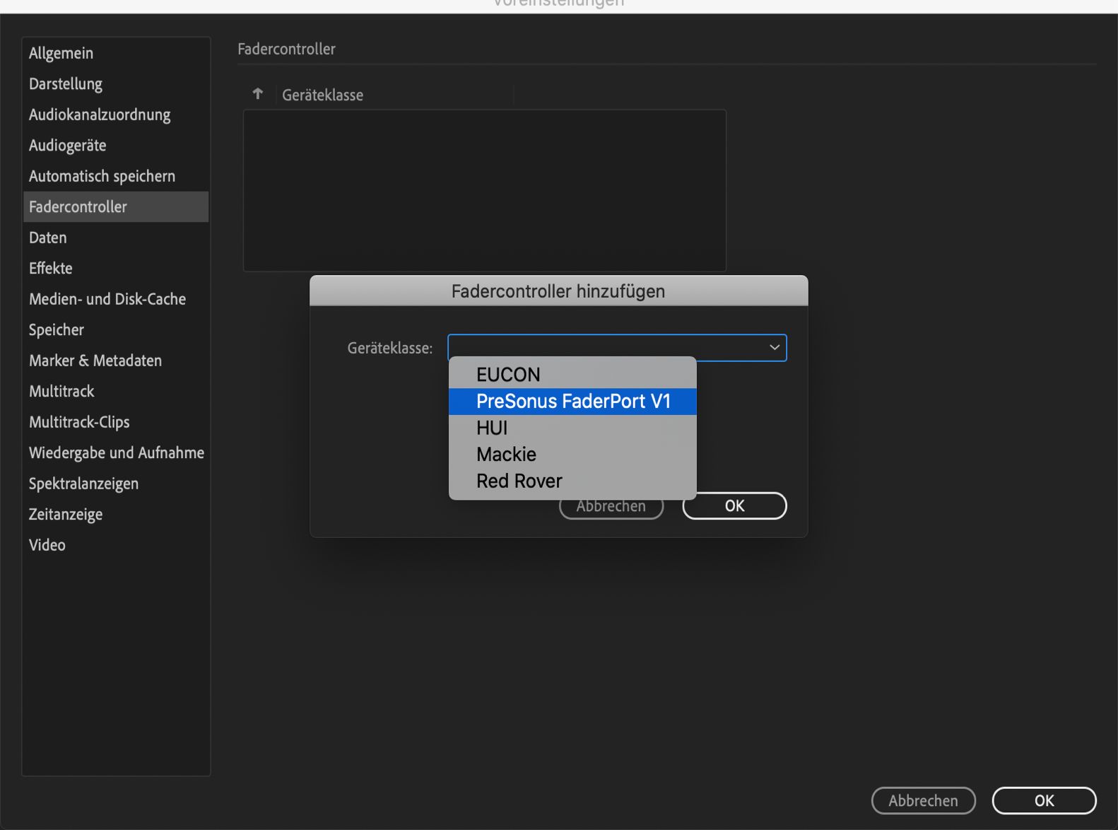 Hinzufügen eines Fadercontrollers