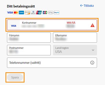 Uppdatera betalningsinformationen