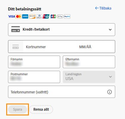 Uppdatera betalningsinformationen