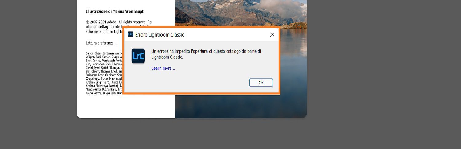 Una finestra di dialogo con l'errore di lightroom classic viene visualizzata sulla schermata iniziale.