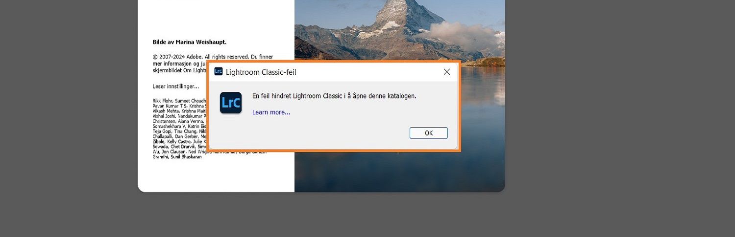En dialogboks med lightroom classic-feilen vises over startskjermen.