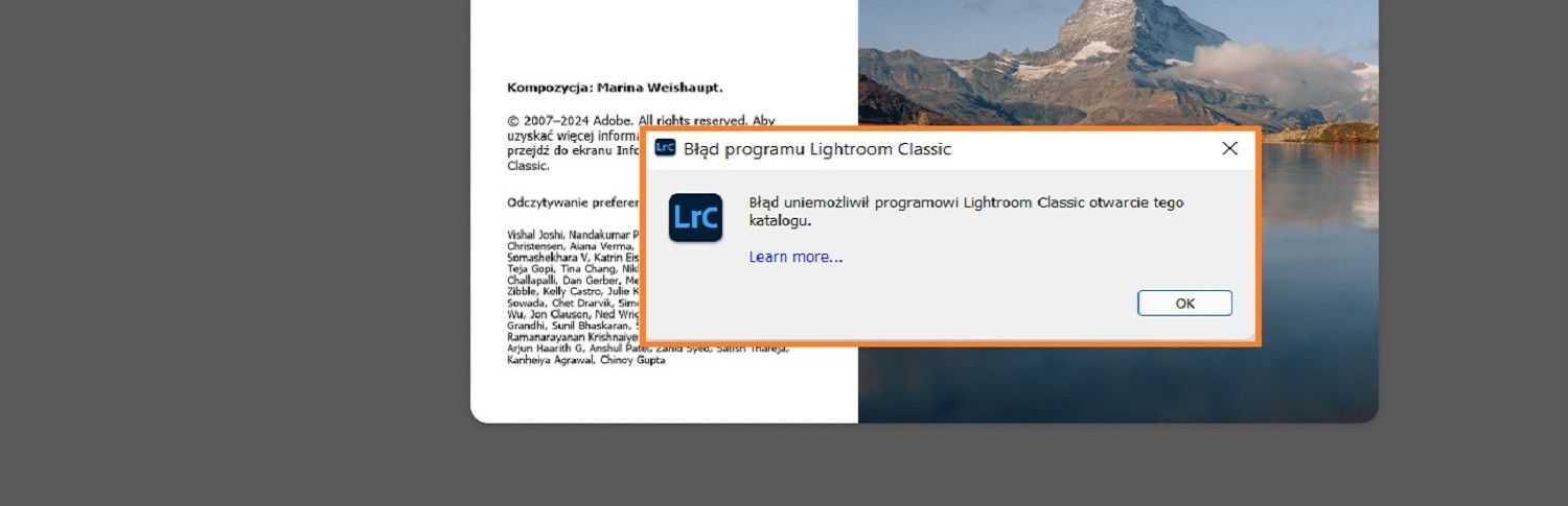 Okno dialogowe z błędem programu Lightroom Classic jest wyświetlane na ekranie głównym.