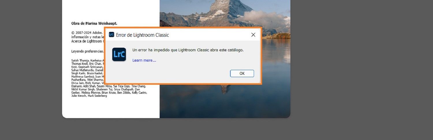 Se muestra un cuadro de diálogo con el error de lightroom classic sobre la pantalla de inicio.