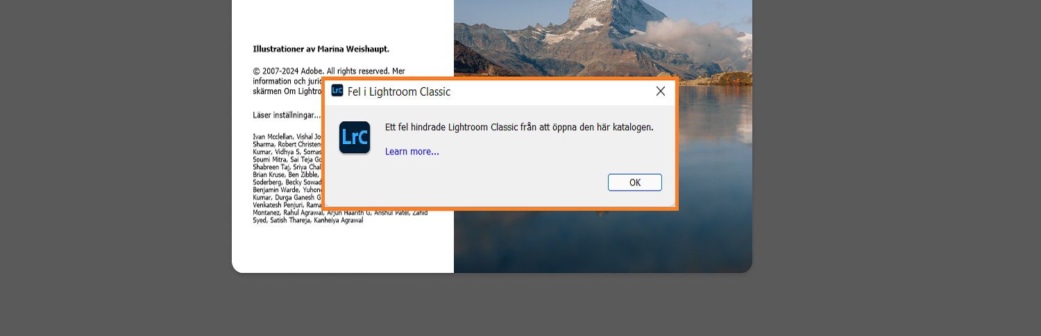En dialogruta med lightroom classic-felet visas över startskärmen.