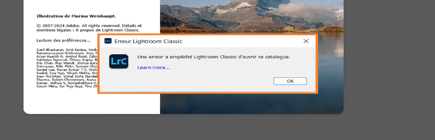 Une boîte de dialogue avec l’erreur Lightroom Classic s’affiche par-dessus l’écran d’accueil.