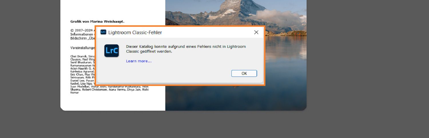 Ein Dialogfeld mit dem Lightroom Classic-Fehler wird über dem Startbildschirm angezeigt.