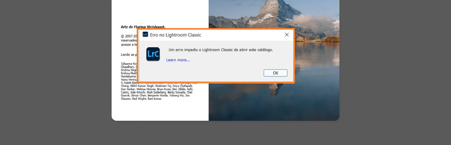 Uma caixa de diálogo com o erro clássico do Lightroom é exibida na tela inicial.