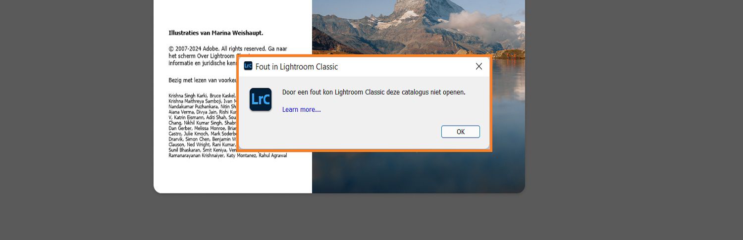 Een dialoogvenster met de Lightroom Classic-fout wordt weergegeven over het startscherm.