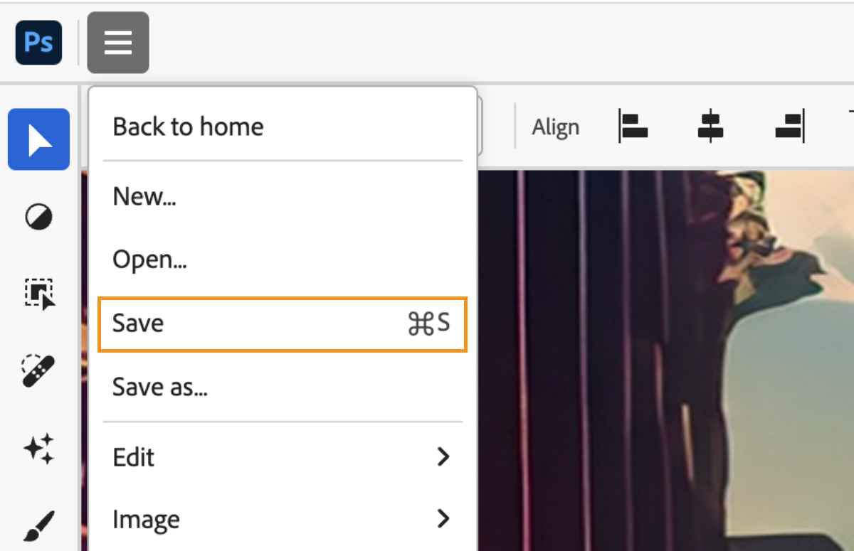 De optie Opslaan als in Photoshop op internet