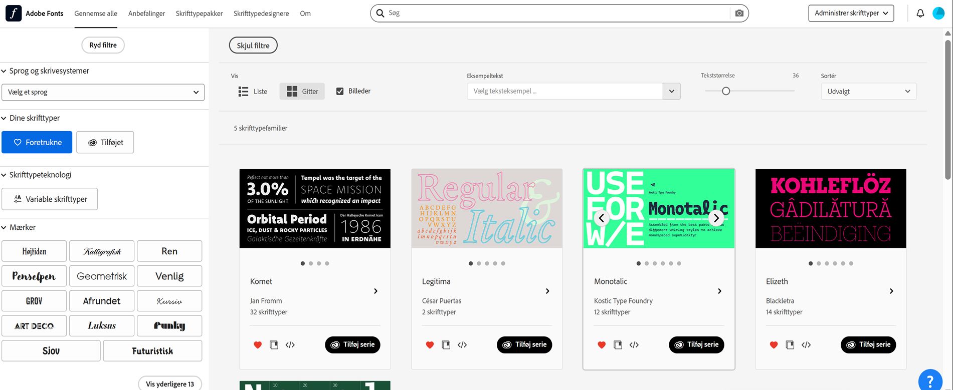 Alle de foretrukne skrifttyper vises.