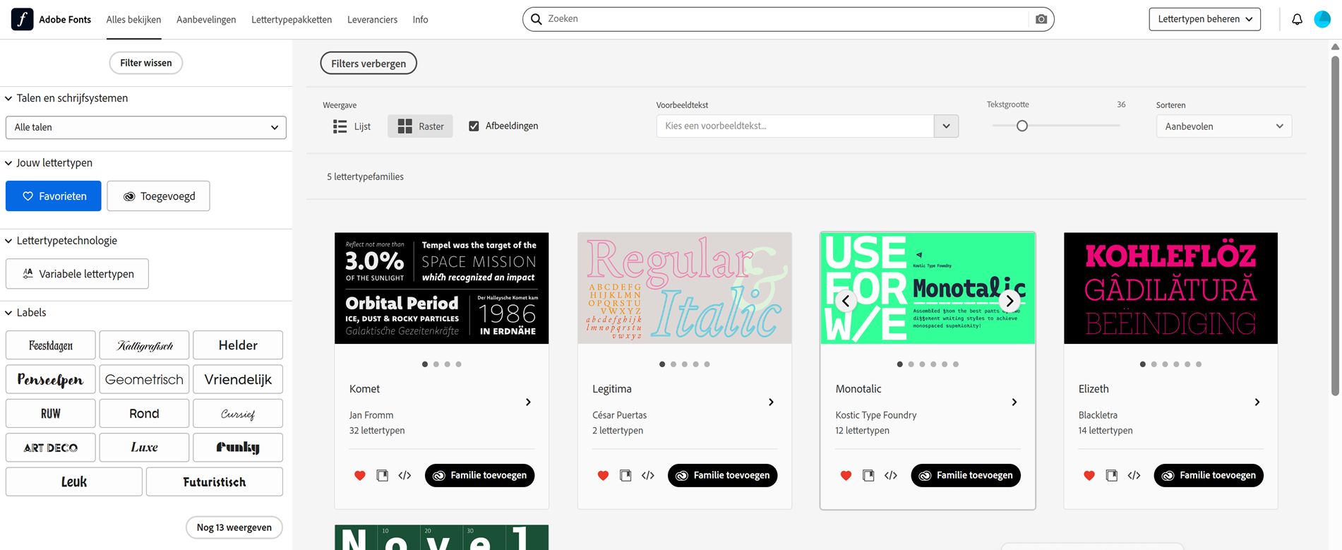 Alle favoriete lettertypen worden weergegeven.