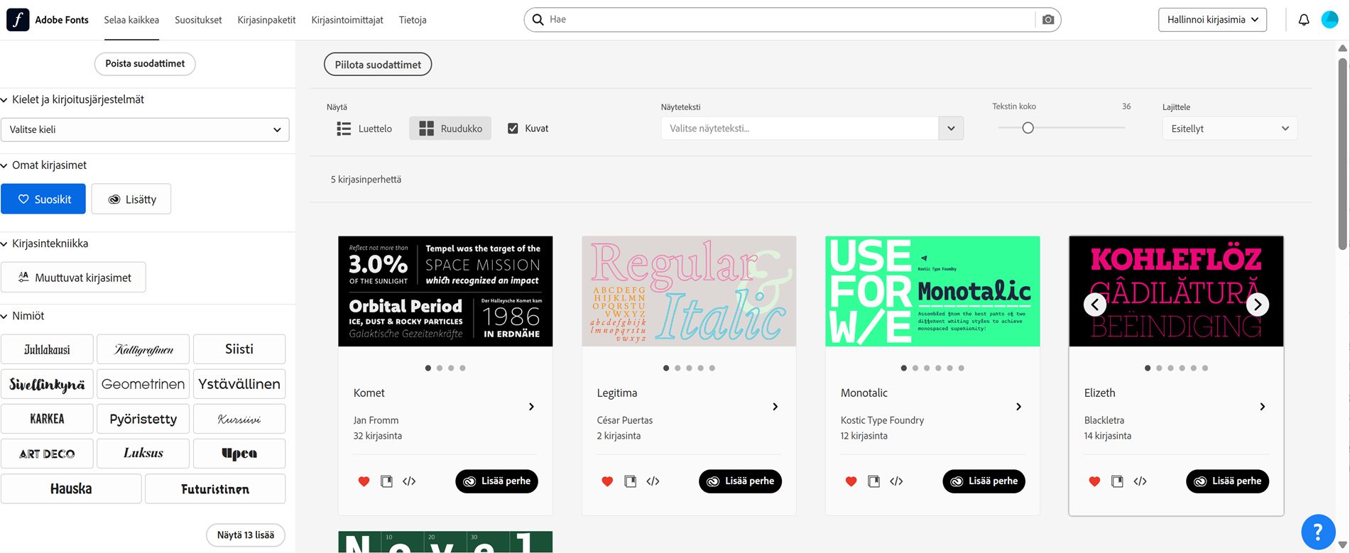 Kaikki suosikkikirjasimet näkyvät.