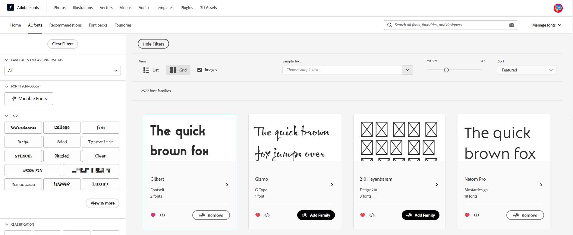 Vengono visualizzati tutti i font preferiti.