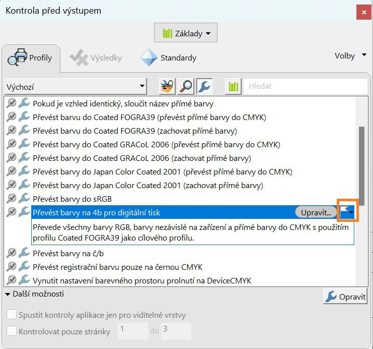 Zobrazení dialogového okna Kontrola před výstupem se zvýrazněnou možností příznaku