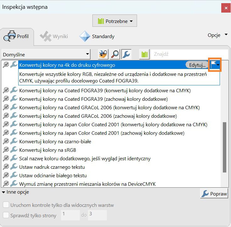 Zostanie wyświetlone okno dialogowe Inspekcja wstępna i podświetlona opcja flagi.