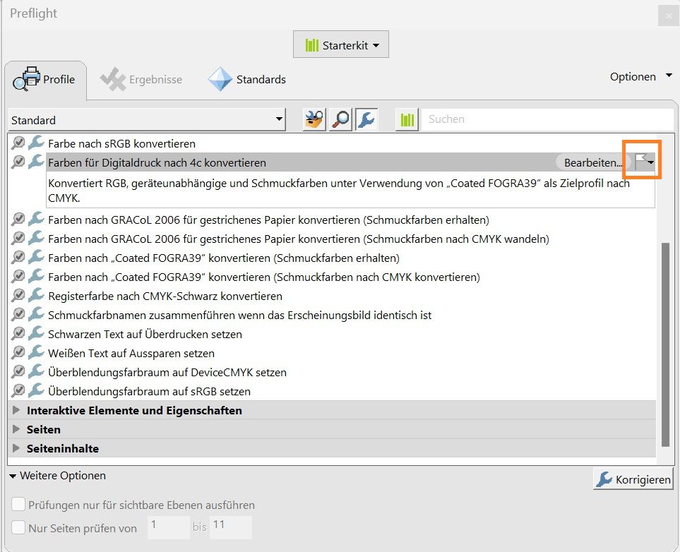 Das Dialogfeld „Preflight“ wird angezeigt. Die Markierungsfunktion ist hervorgehoben.
