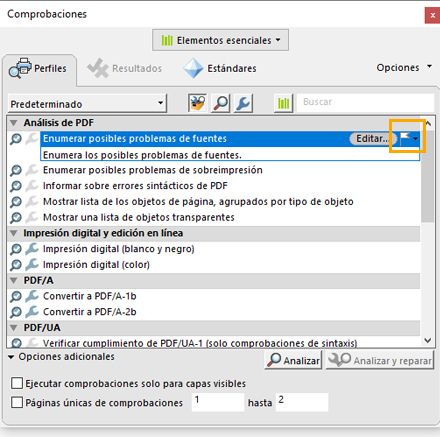 Se muestra el cuadro de diálogo Comprobaciones y se resalta la opción del indicador