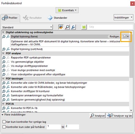 Dialogboksen Forhåndskontrol vises, og flagindstillingen er fremhævet