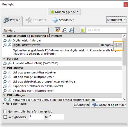Dialogboksen Preflight vises med flaggalternativet uthevet