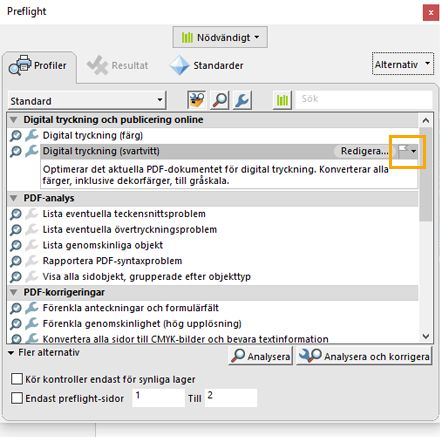 Dialogrutan Preflight visas och flaggan markeras