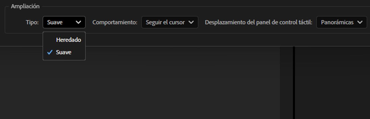 Se abre el cuadro de diálogo Preferencias. En la pestaña Previsualización, en la sección Ampliación, se destaca la opción Suavizar para el ajuste Tipo.