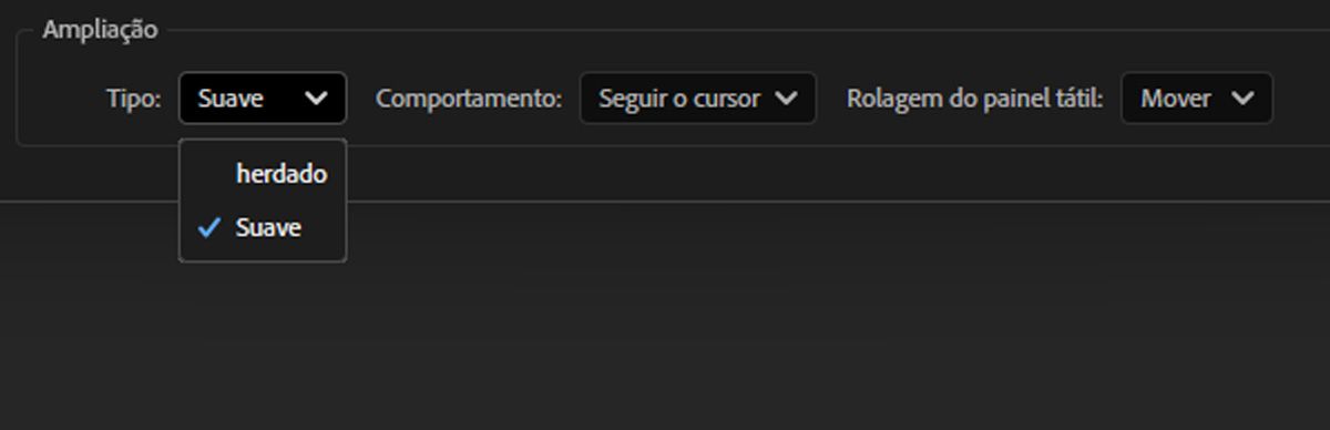 A caixa de diálogo “Preferências” aberta. Na guia “Visualização”, na seção “Ampliação”, a opção “Suave” está realçada para a configuração do “Tipo”.