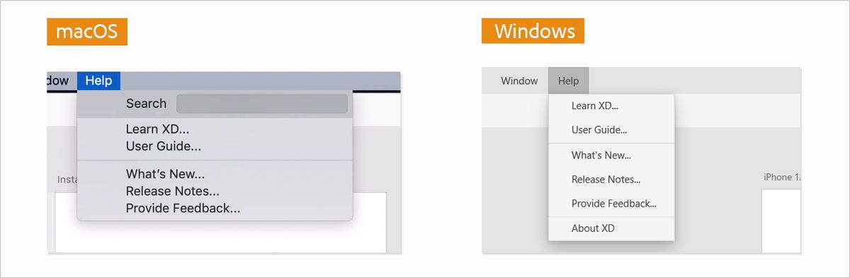 Menu Aide de XD pour FRL sur macOS et Windows