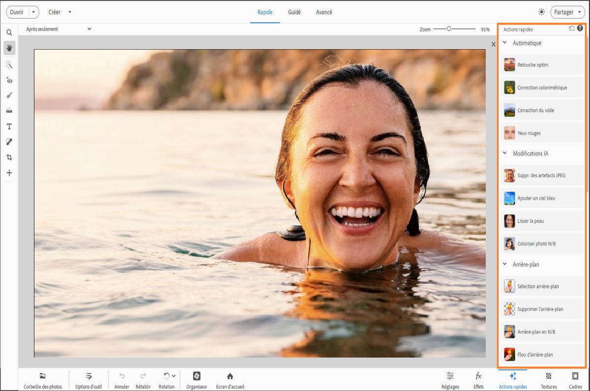 Explorez les actions rapides populaires dans Photoshop Elements. 